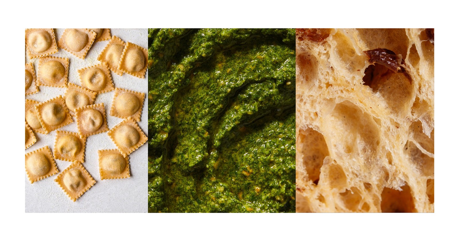 Ravioles, pesto y focaccia